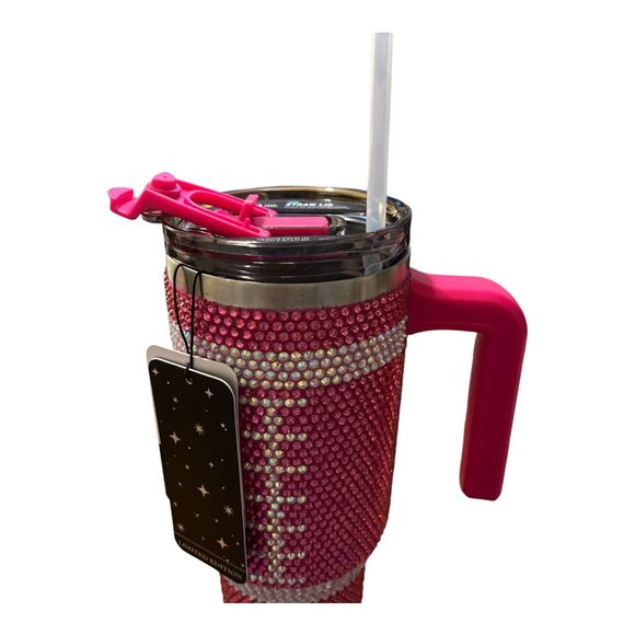 "Hot PINK" Football BLING RHINESTONE tumbler cup lid & handle 40 ounce oz - Picture 8 of 8